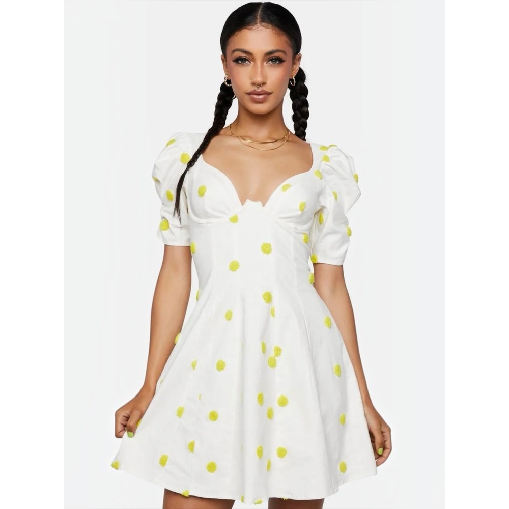 For Love & Lemons Claude Mini Dress White Yellow Polka Dot Coquette Small NWT